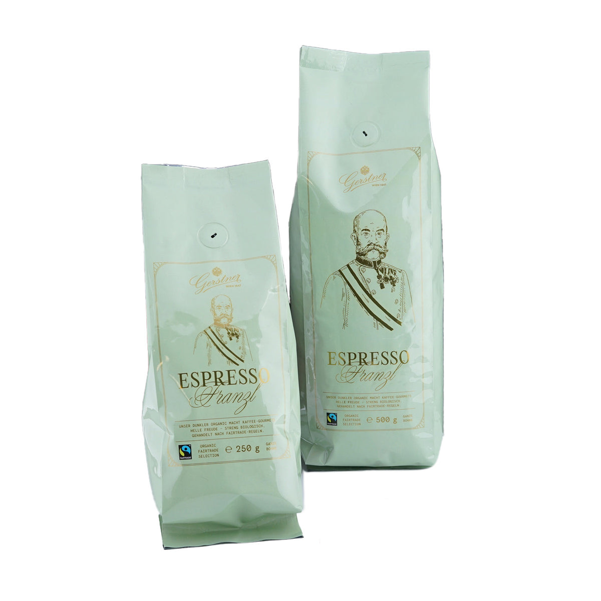 Franzl Espresso in einer mintgrünen Verpackung in zwei verschiedenen Größen