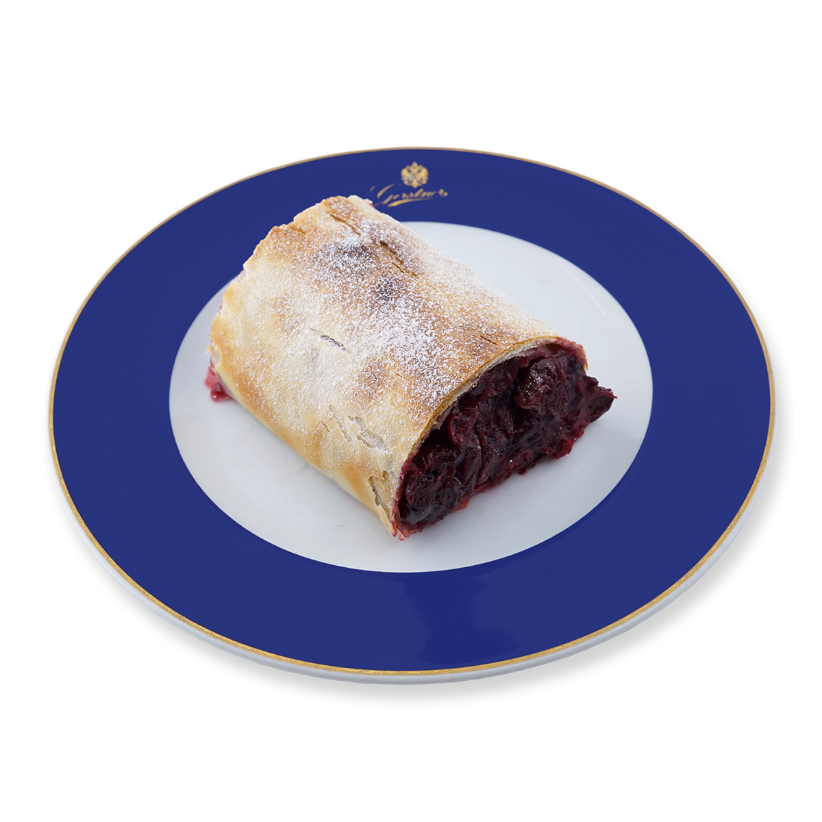 Weichselstrudelstück auf einem dunkelblauem Teller