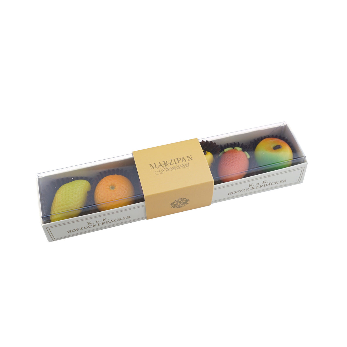 Verschiedenes Obst aus Marzipan in einer schönen länglichen Verpackung