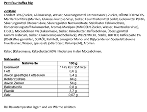 Nährwertetabelle und Zutaten des Kaffee Petit Four