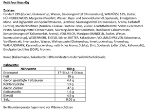 Nährwertetabelle und Zutaten des Nuss Petit Four