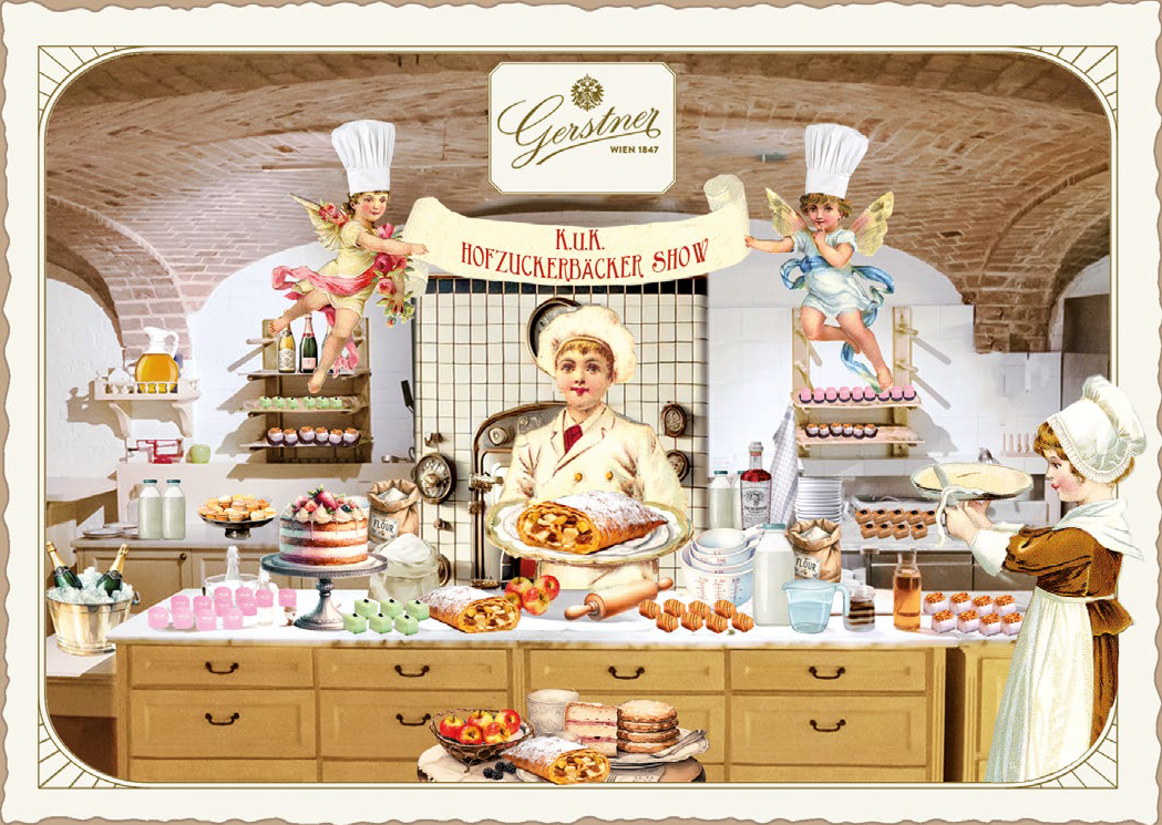 Eine Bäckereiszene der K.u.K. Hofzuckerbäckershow im Vintage-Stil mit Köchen und verschiedenen Backwaren. 