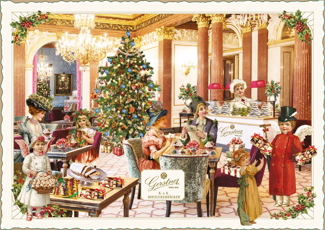 Weihnachtskarte mit einer festlichen Darstellung des Palais Todesco, geschmückt für die Feiertage.