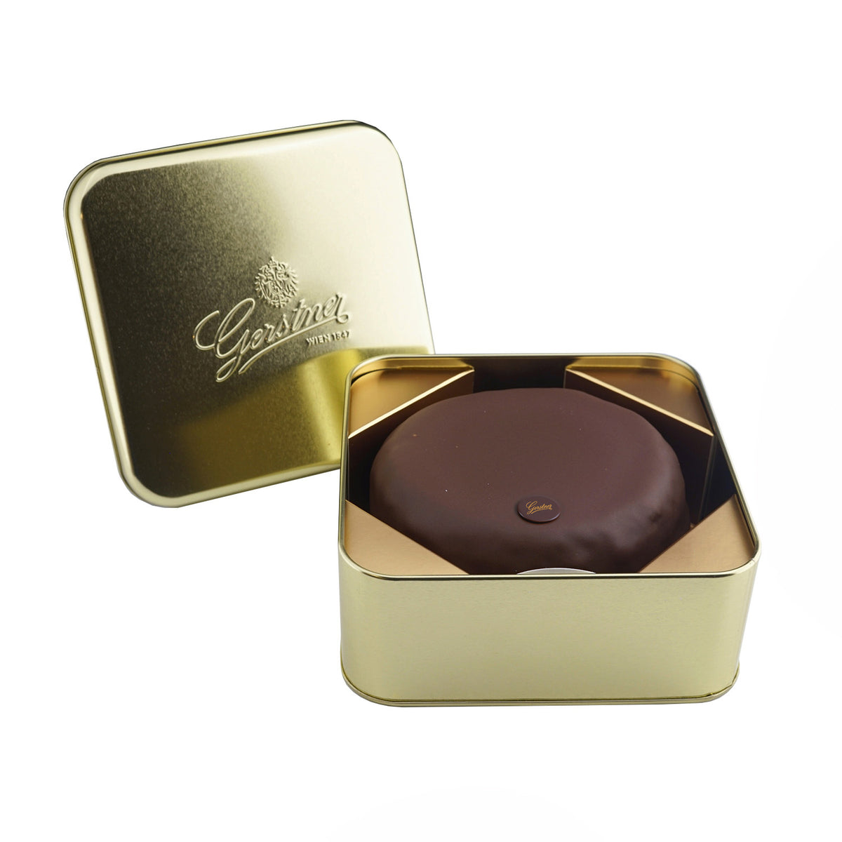 Geöffnete Blechdose mit der Sacher Torte