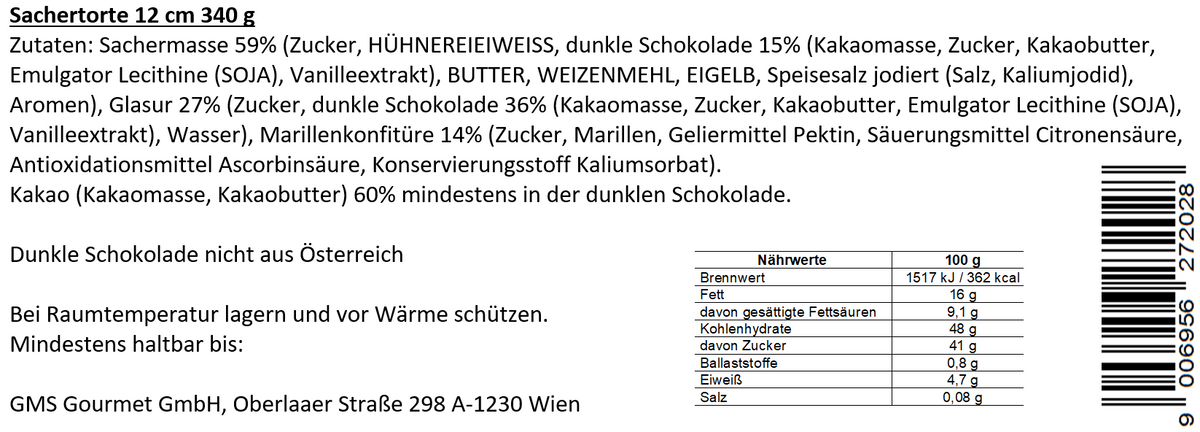 Nährwerte und Zutaten der Sachertorte