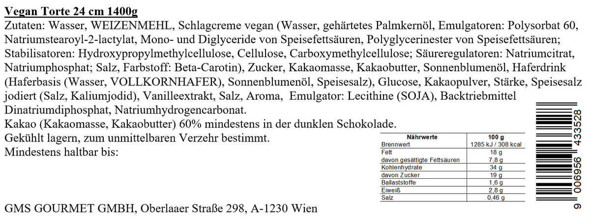 Nährwertetabelle und Zutaten der Veganen Torte