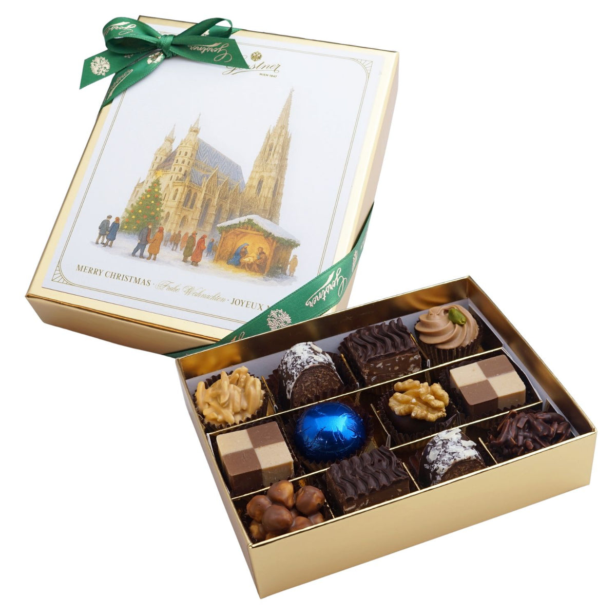 12er Konfekt in einer geöffneten Weihnachtsbox mit Stephansdom Abbildung