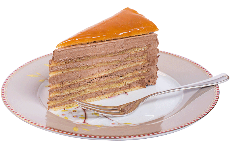 Einzelstück der Dobos Torte auf einem elegantem Teller