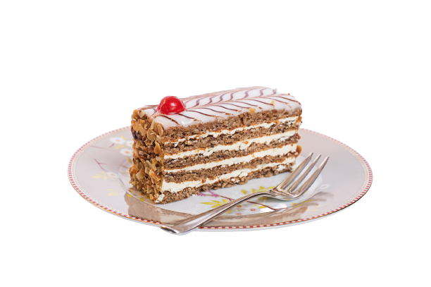 Ein Stück Esterházy Schnitte auf einem rosa Teller