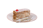 Ein Stück Esterházy Schnitte auf einem rosa Teller