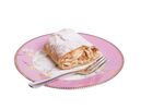 Apfelstrudelstück auf einem rosa Teller