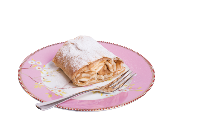 Apfelstrudelstück auf einem rosa Teller