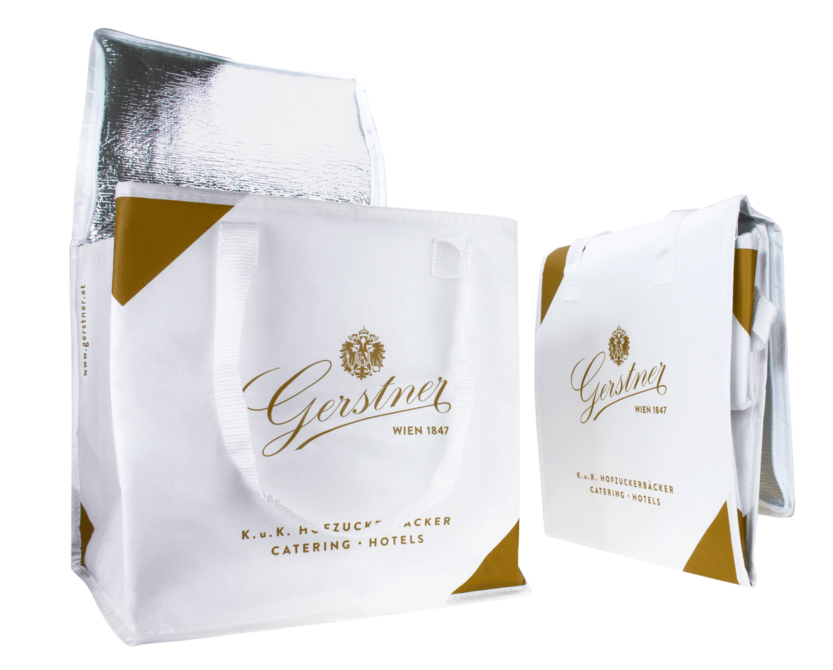 Weiße Kühltasche mit goldenem Gerstner-Logo geöffnet