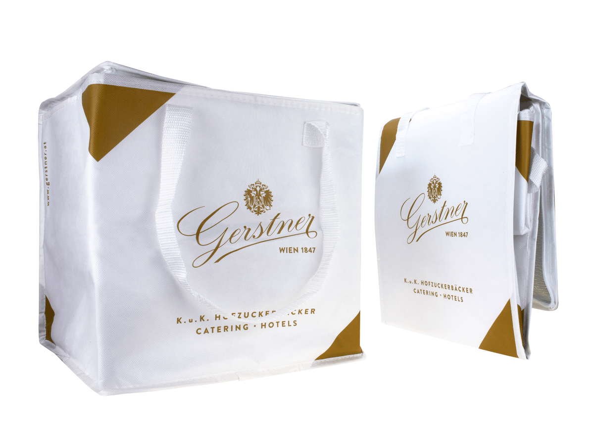 Weiße Kühltasche mit goldenem Gerstner-Logo