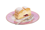 Ein Stück Kardinalschnitte auf einem rosa Teller